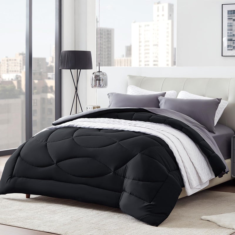 SLEEP ZONE Comforter Duvet Insert, Queen Size Quilted Reversible Comforters, Soft All Season Duvet, Down Alternative Breathable Bedding with 8 tabs, 2 Sides Black Gray 88 x 88 Inches - Image 2